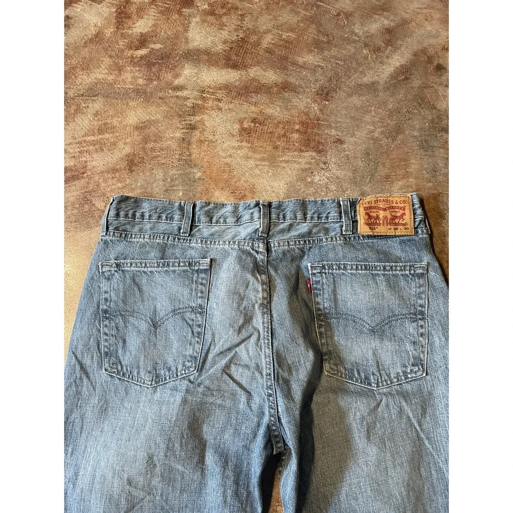 VTG‎ Levi's 514 Slim Straight Leg Leather Patch Light Blue Denim 38W x 30L *